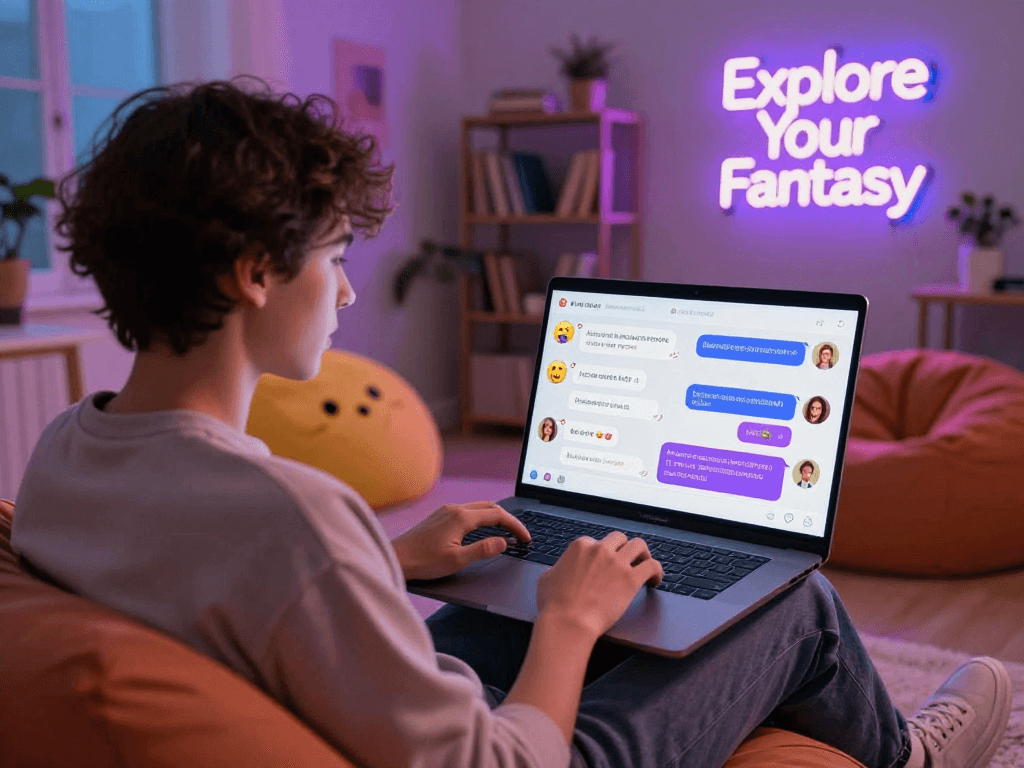 A young adult engaged in an ai porn chat on a laptop in a cozy digital environment.