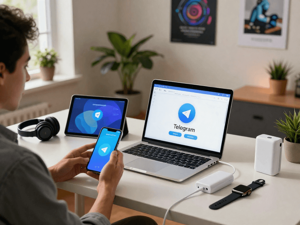 在多个设备上下载Telegram下载的用户,展示现代办公环境和科技产品。