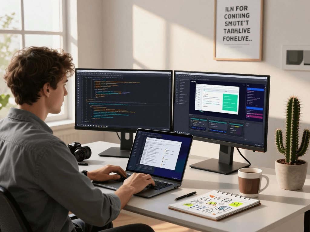 在现代软件开发工作空间中,一位工程师正在使用WPS Office处理代码。