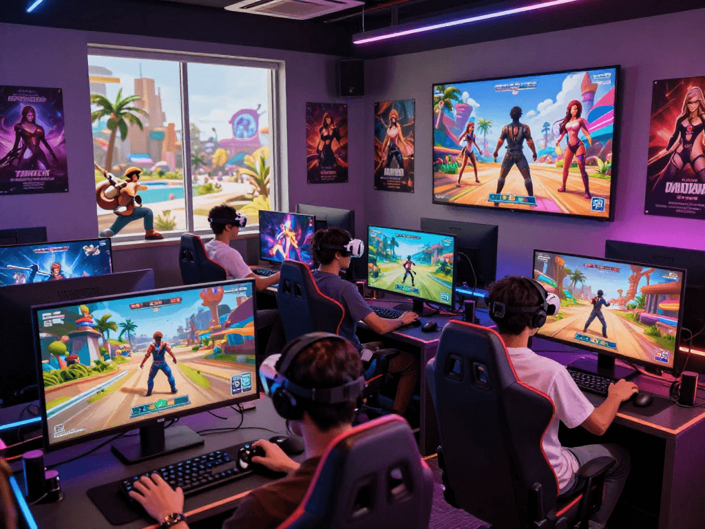 Engaging gaming scene highlighting a 3d sex game with avatars and immersive graphics in a modern lounge.
