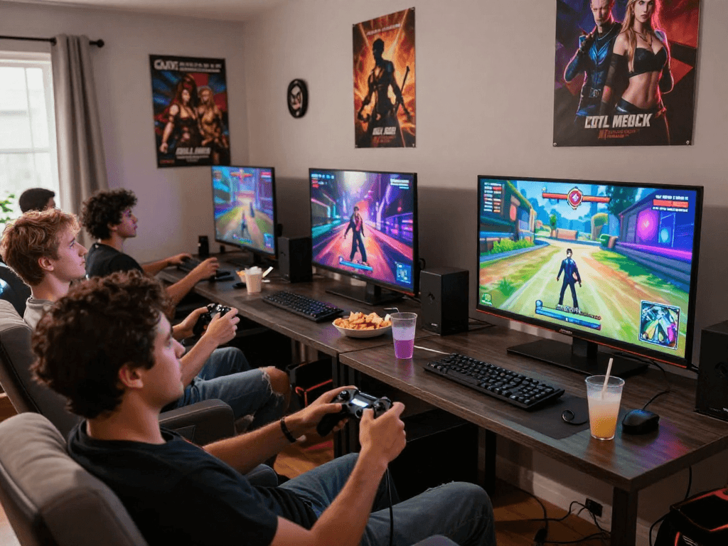 Engaging players enjoying a vibrant sex simulator game experience in a cozy gaming environment.