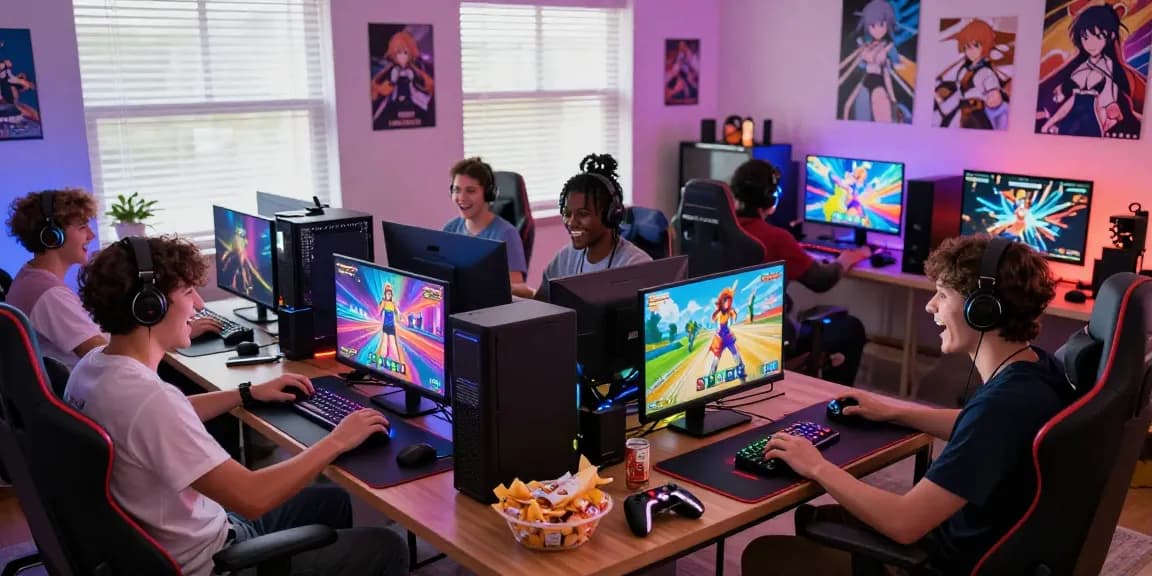 Engaged players enjoying a hentai game in a colorful gaming room, showcasing interactive anime graphics.