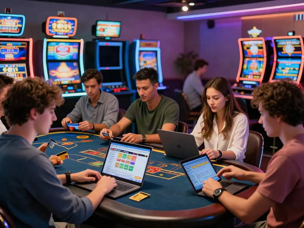 Engaged players at online credit card casinos enjoying games with laptops and credit cards.