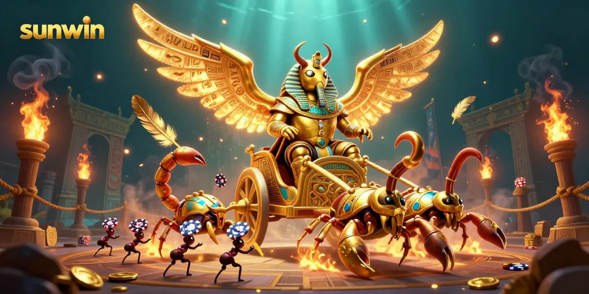 Experience thrilling action at sunwin with a vibrant 3D illustration of a golden scarab beetle and casino elements.