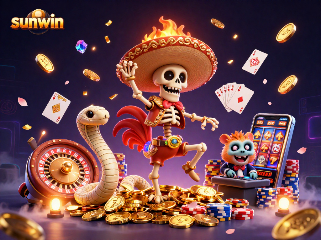 Experience sunwin's thrilling victory dance in this vibrant 3D casino scene with joyful characters.
