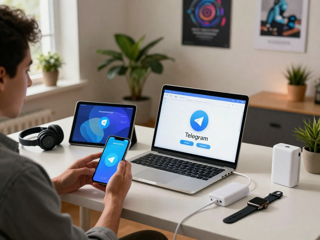 在多个设备上下载Telegram下载的用户，展示现代办公环境和科技产品。