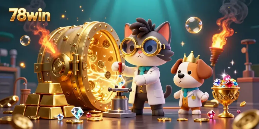 Engage with 78win's vibrant casino scene featuring a mad scientist cat and assisting dog amidst gold coins and treasures.