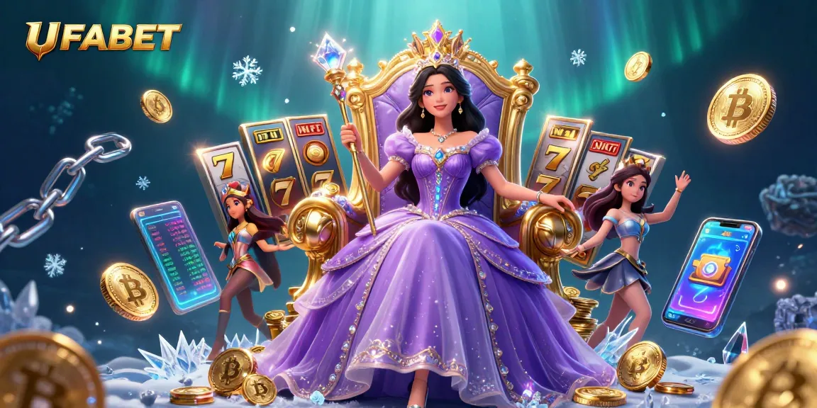 Experience the excitement of UFABET with dynamic slot reels and golden coins in an enchanting casino scene.