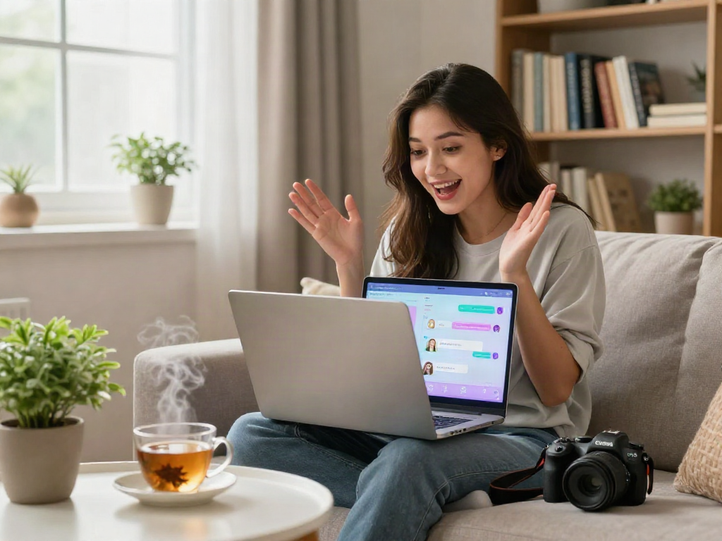 Interactive AI porn chat scene with a woman engaged in virtual conversation, cozy living room.