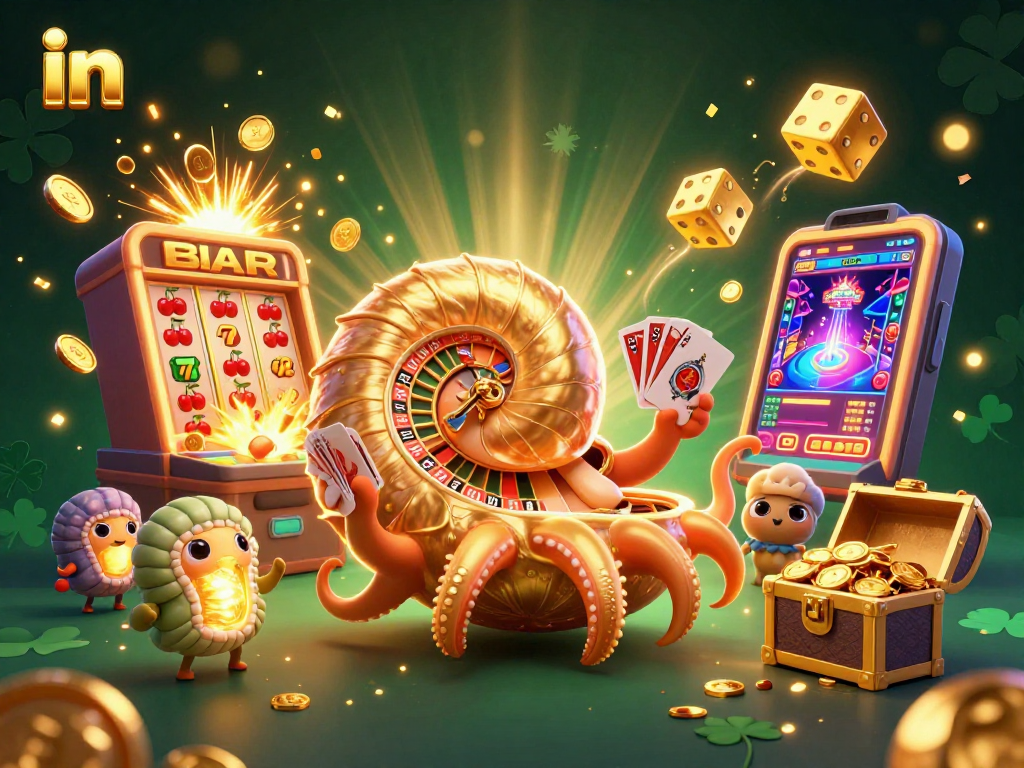 Experience the thrill in a vibrant casino scene with a giant nautilus and glowing ammonite companions.