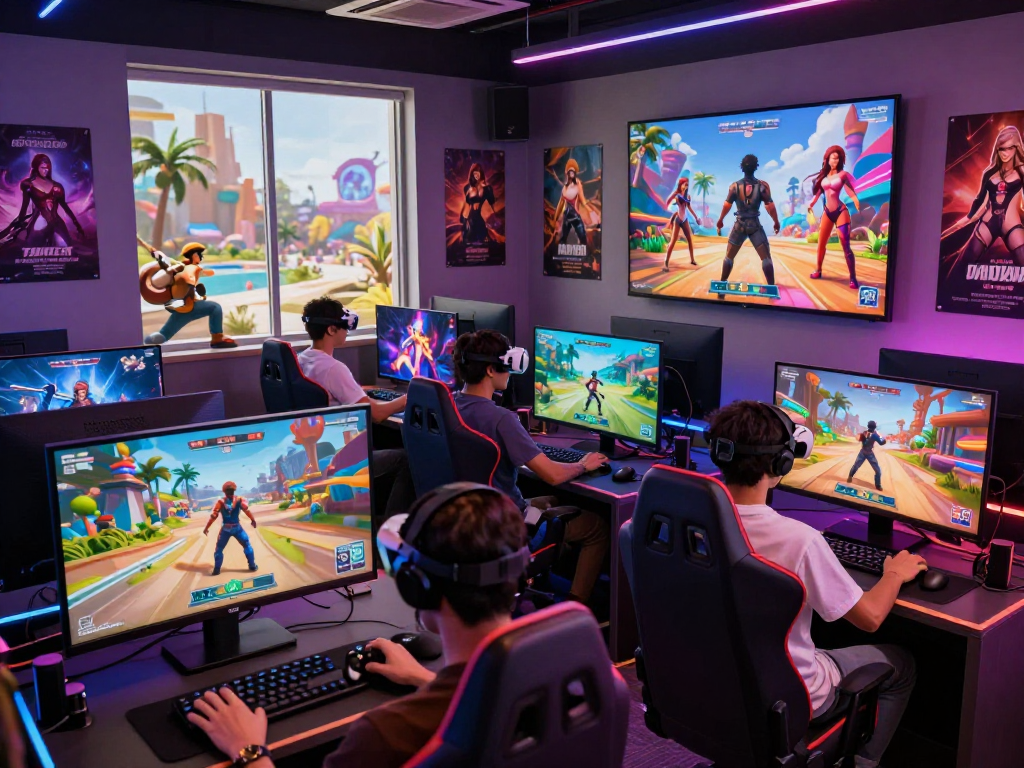 Engaging gaming scene highlighting a 3d sex game with avatars and immersive graphics in a modern lounge.