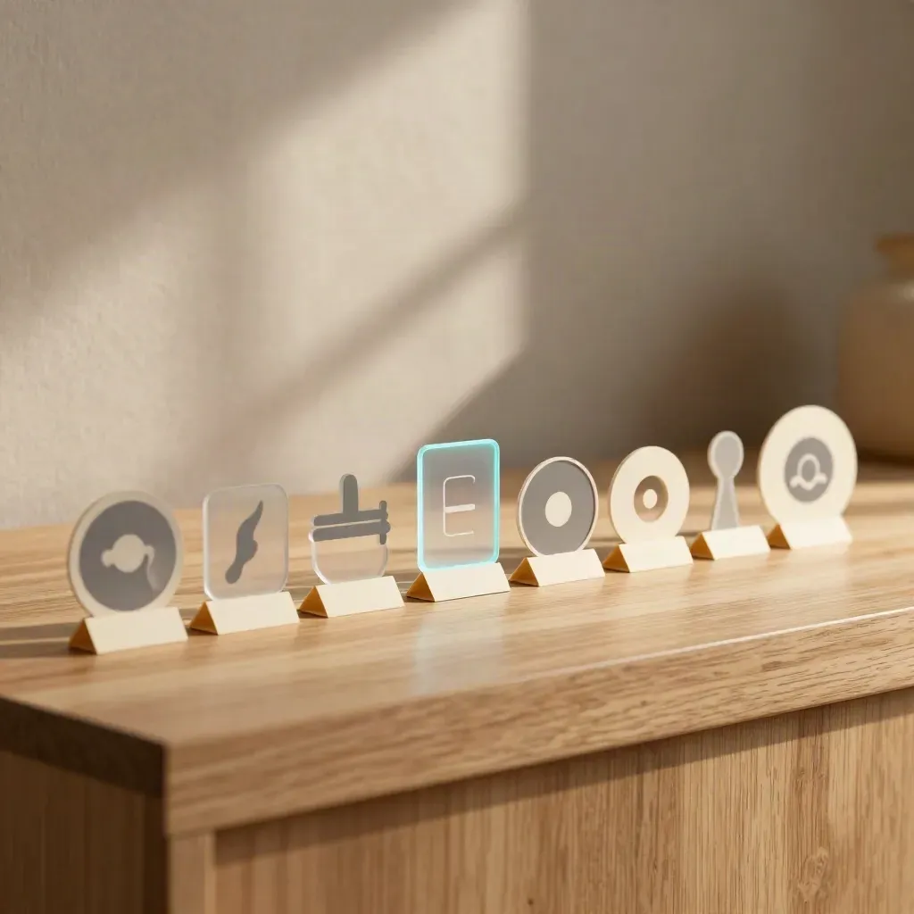 Layered cut-paper explainer-video cards on a pale oak plinth with cyan glow and warm light