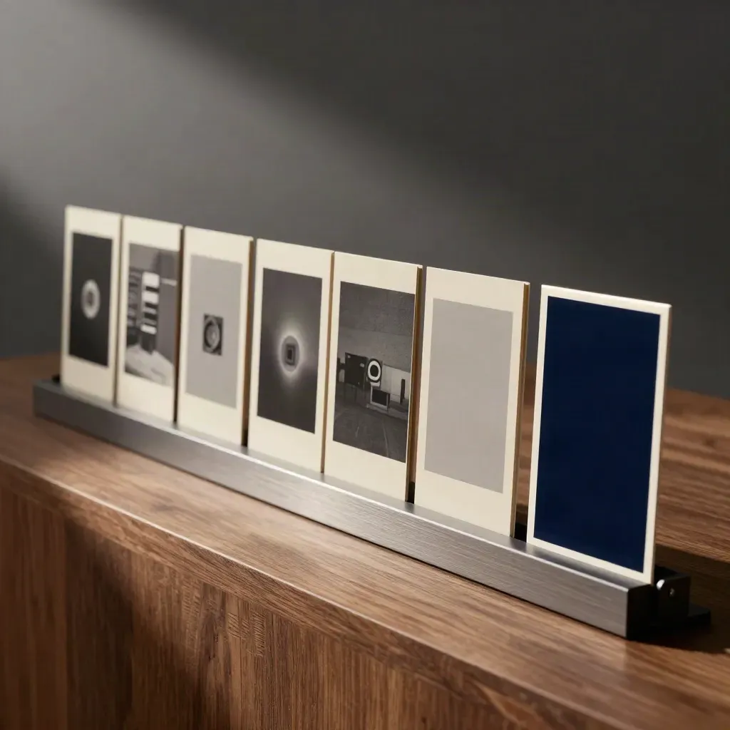 Monochrome title-sequence cards clipped on a rail, ending in a midnight navy cue tile.