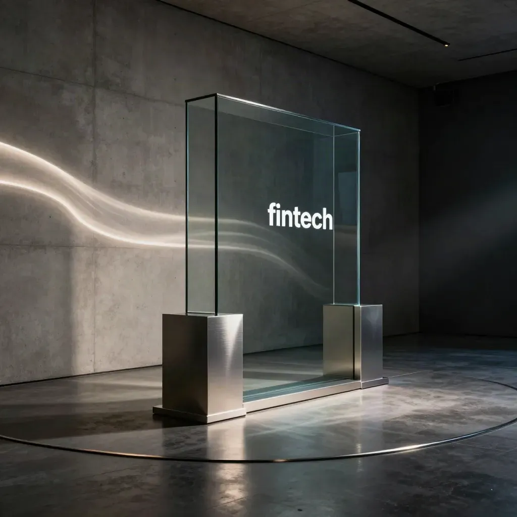 Dark glass monolith and metal plinths in a moody fintech pitch-film installation.
