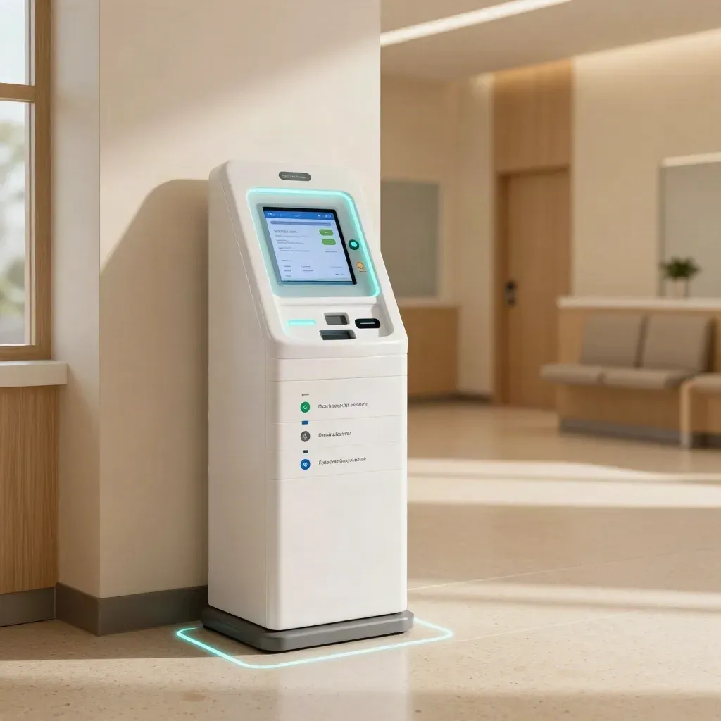 White self-service health kiosk with cyan interface tiles in a warm clinic foyer