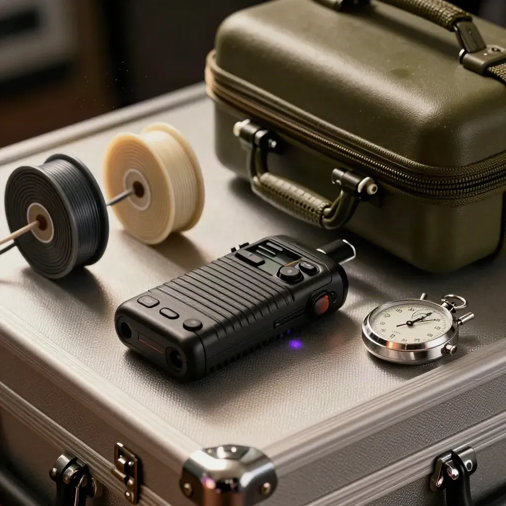 Producer’s kit: recorder, cable spools, stopwatch and travel case in dramatic side light.