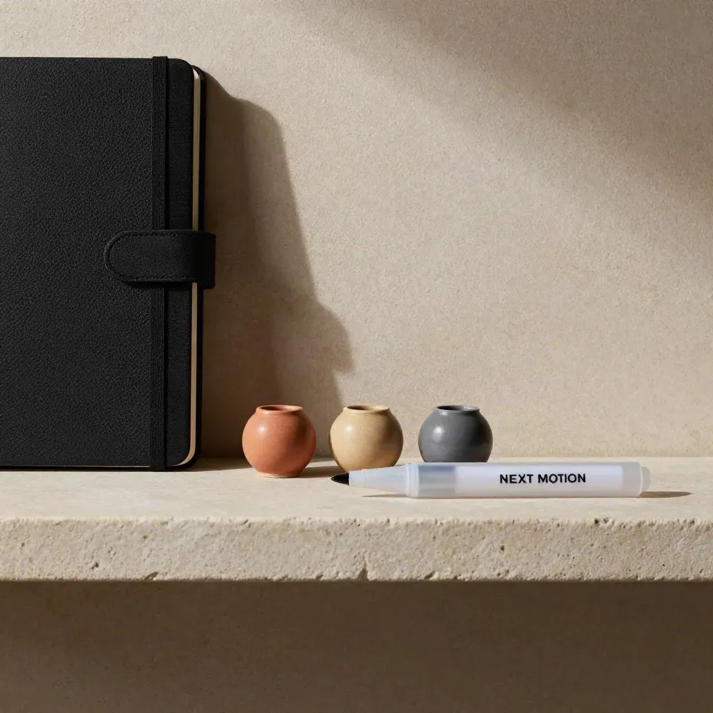 Closed black notebook, ceramic tokens, and frosted acrylic marker on a stone shelf, overhead.