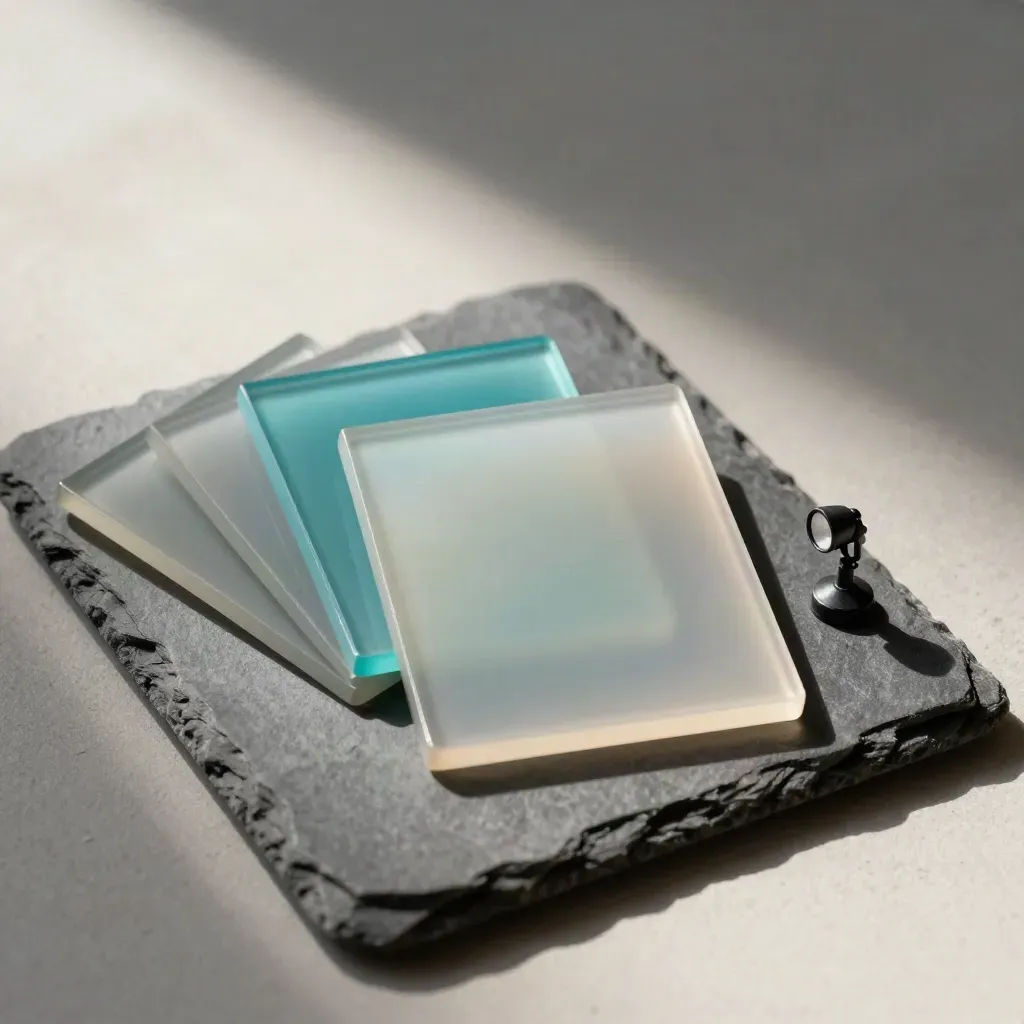 Translucent style-frame tiles, gels, and a miniature spotlight on slate, arranged for approval.
