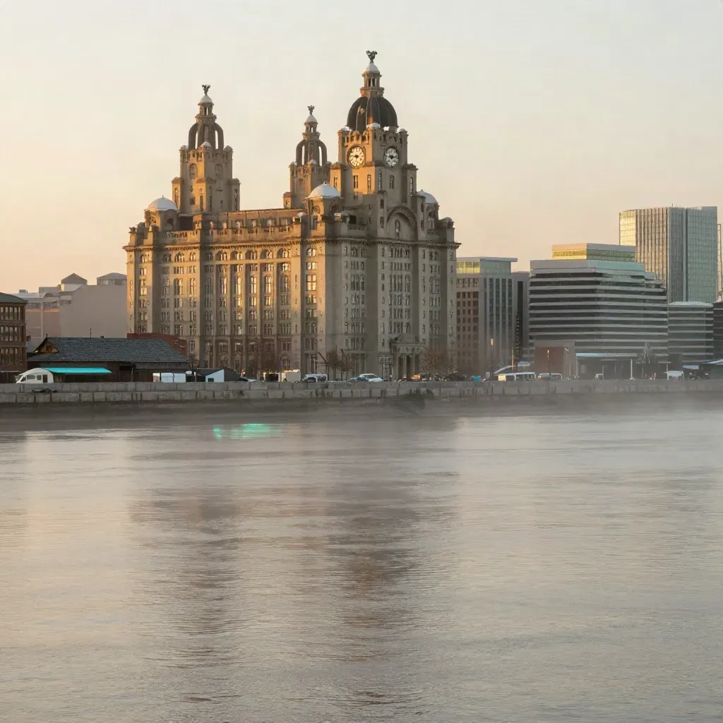 Liverpool waterfront and the Three Graces in golden mist over the Mersey