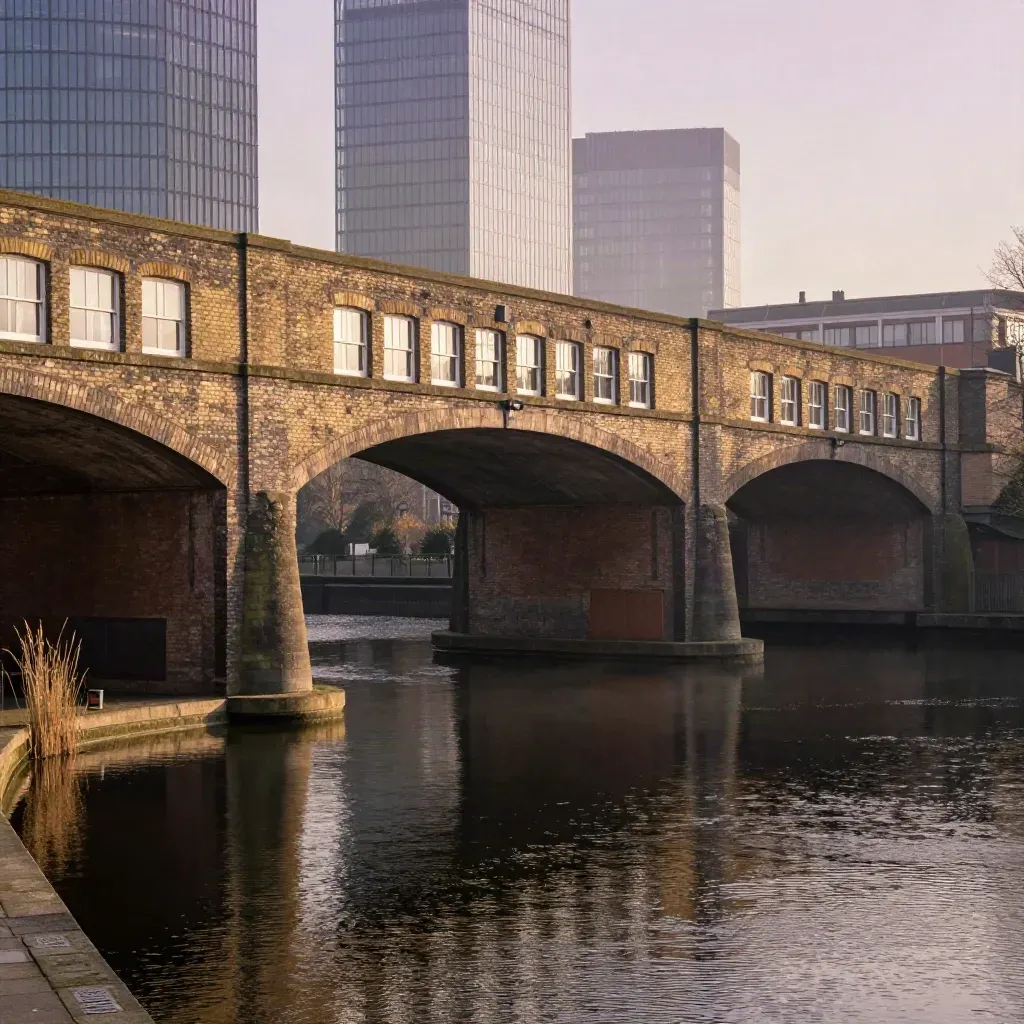 Birmingham canal basin with brick viaducts and a hazy skyline at sunset