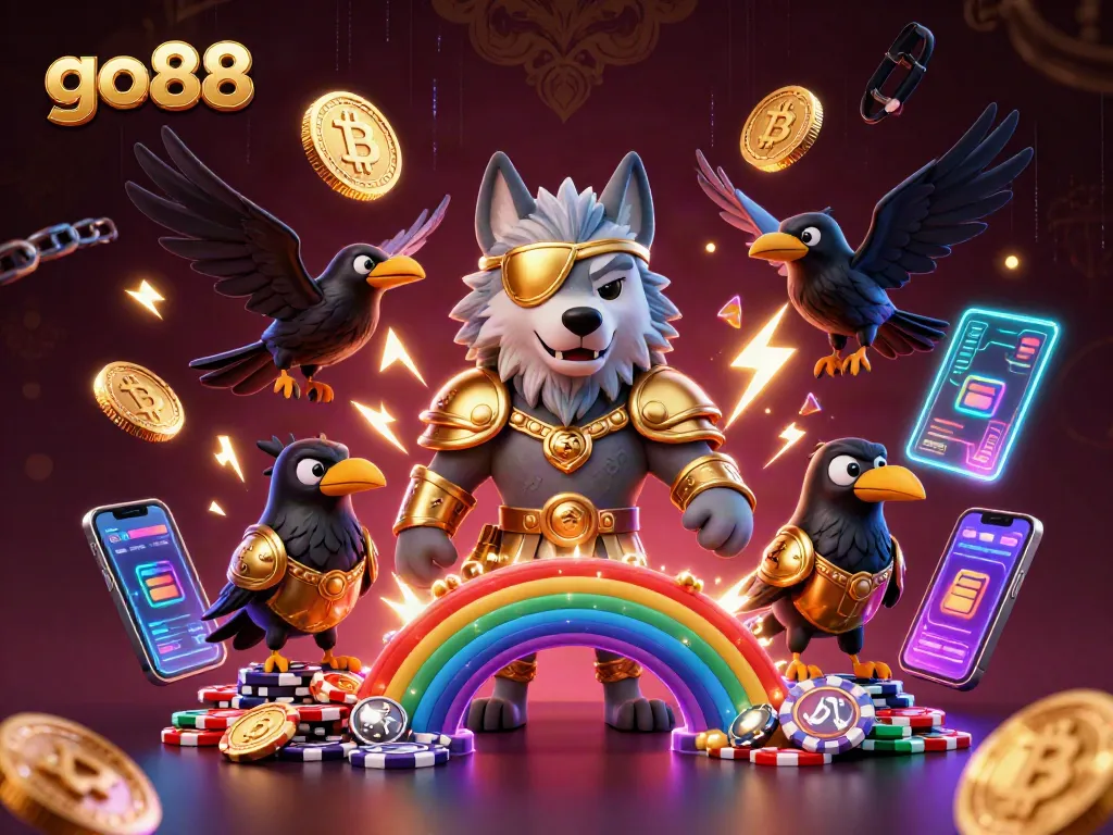 Experience the thrill of go88 with an engaging 3D illustration of Odin and ravens atop a casino chip bridge.