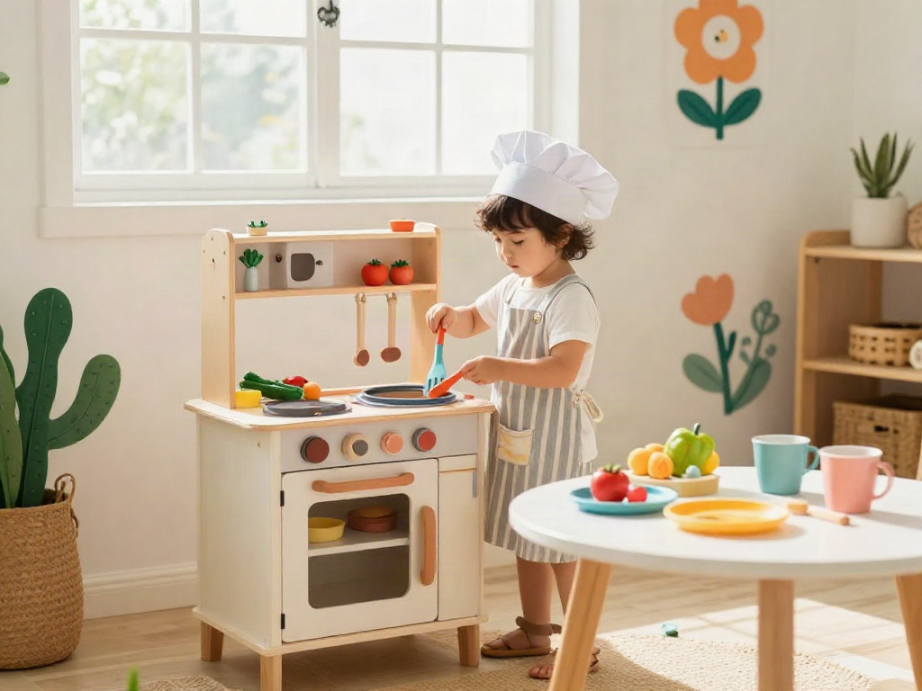 Child playing with a vibrant play kitchen set, cooking with colourful toys in a bright playroom.
