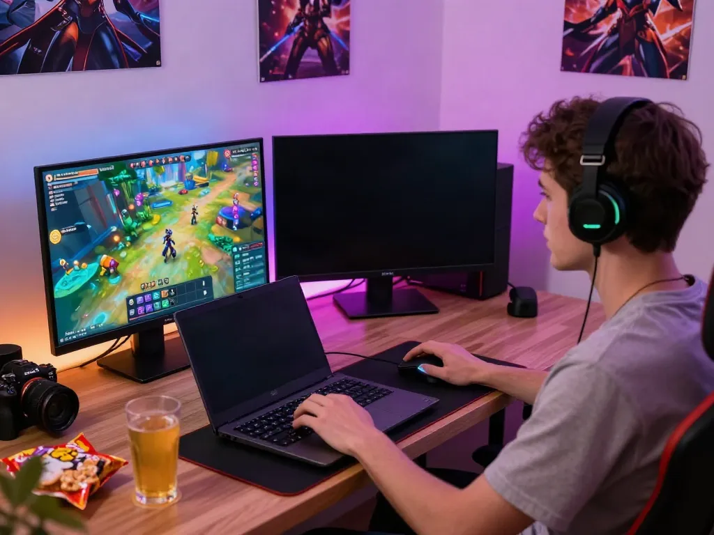Online gamer engaged in gameplay on debet.com with vibrant accessories and dynamic settings.