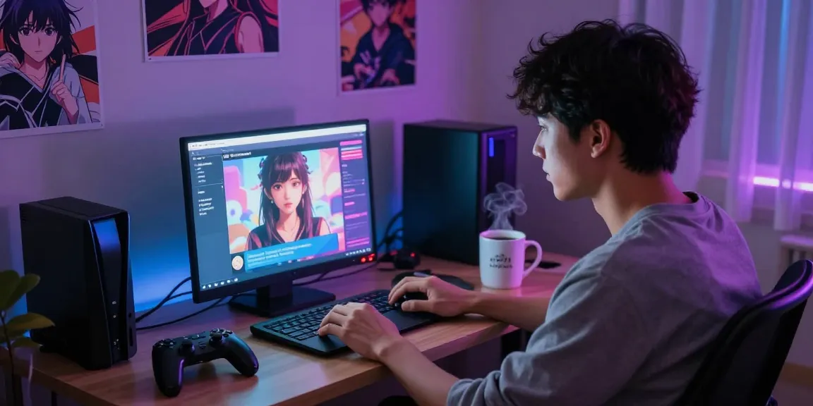 Interactive user engaging in ai ecchi chat with NSFW character in a cozy, neon-lit room.