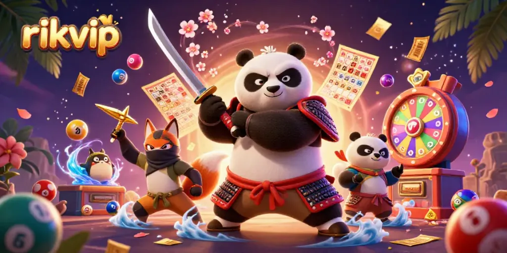 Engage in exciting games at rikvip, depicted by vibrant characters and dynamic gambling elements.
