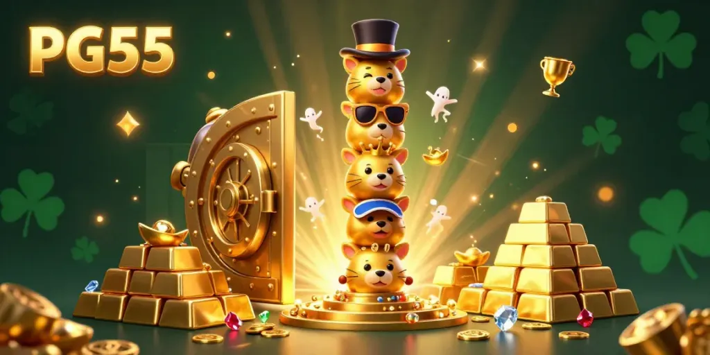 Experience thrilling moments at PG55's vibrant casino with gold treasures and whimsical totem characters.