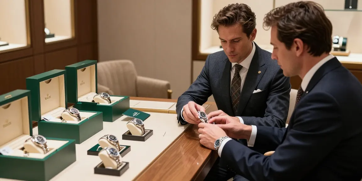 Rolex super clone watches showcased in a luxury boutique with elegant display and inviting atmosphere.