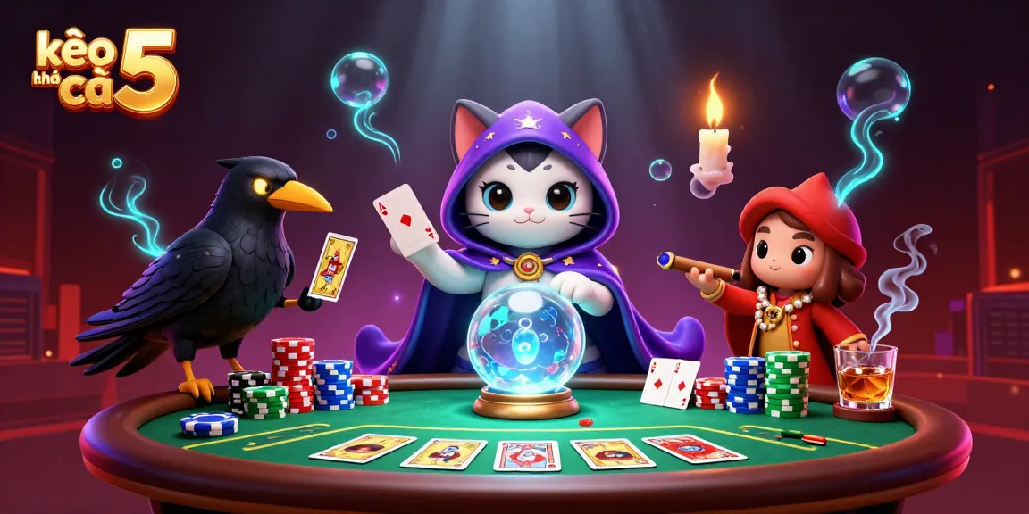 Engage with the vibrant scene of kèo nhà cái 5 showcasing mystical characters and dynamic poker elements.