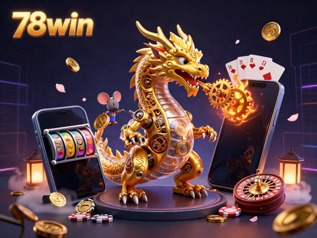Experience the magical world of 78win with a golden dragon surrounded by casino elements.