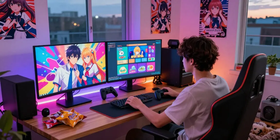 Engaging gaming atmosphere featuring ecchi games on screen with vibrant visuals and snacks.