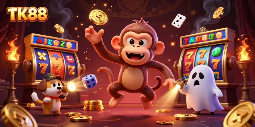 Engage with TK88's exciting casino world featuring a playful poltergeist juggling golden objects.