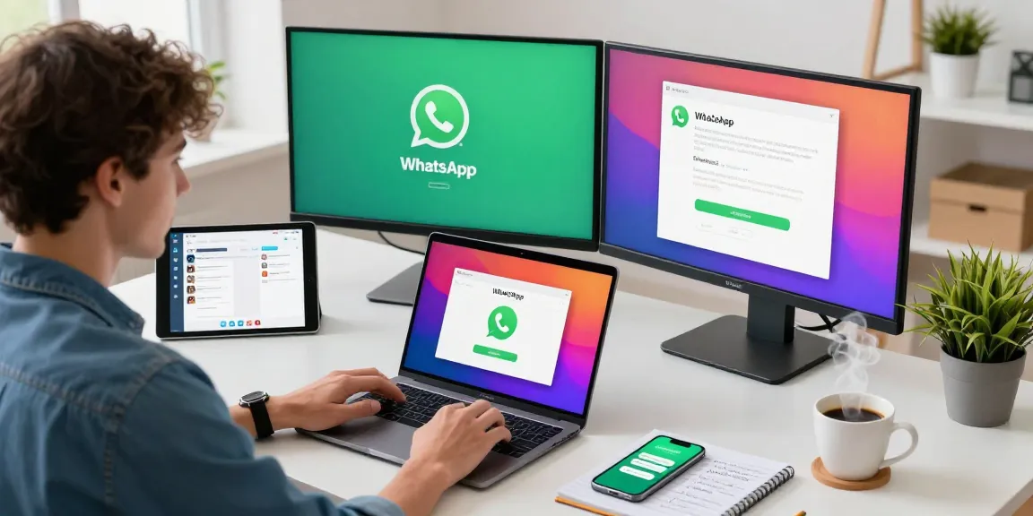 Downloading WhatsApp下載 in a modern workspace with dual monitors showcasing features and installation progress.