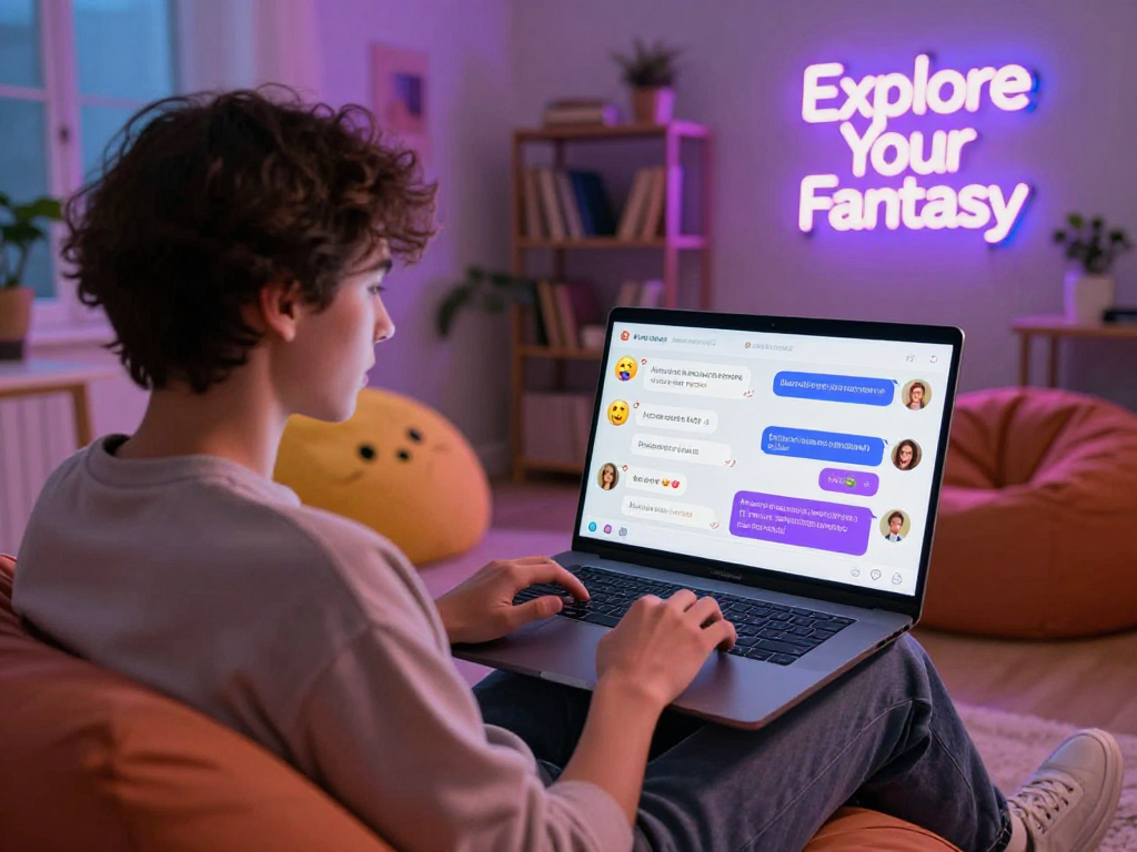 A young adult engaged in an ai porn chat on a laptop in a cozy digital environment.