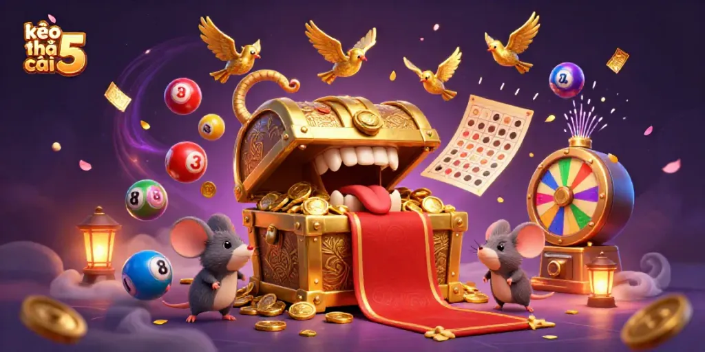 Engaging kèo nhà cái 5 scene highlighting a treasure chest luring adventurer mice, amidst vibrant gambling elements.