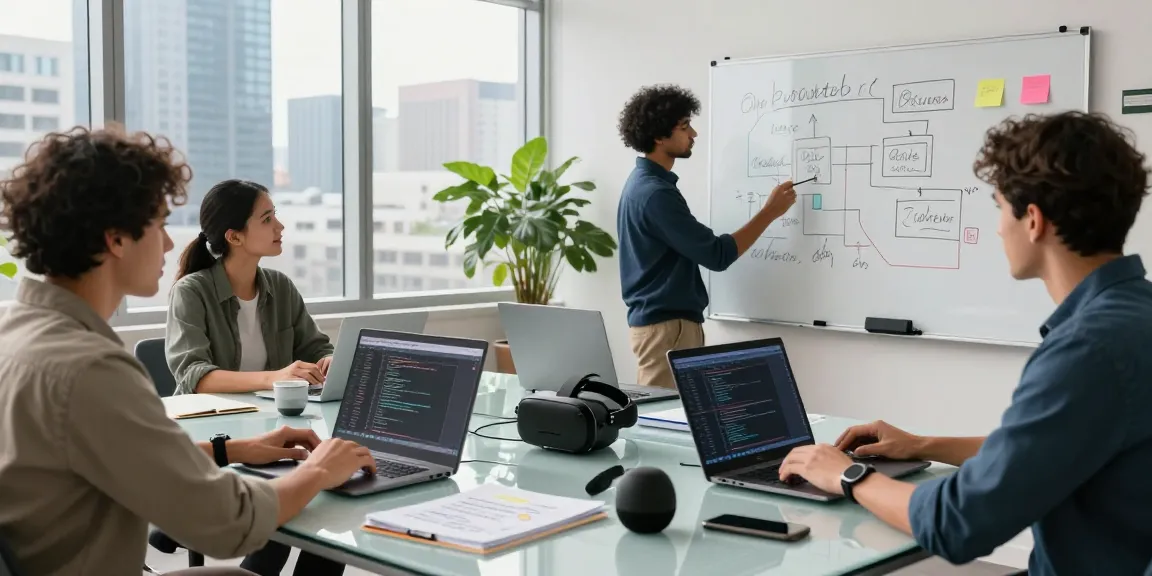 Developers collaborating on agentic AI projects in a modern workspace.
