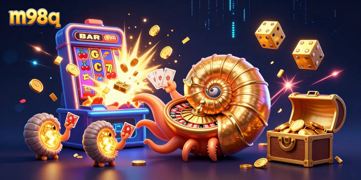 Experience thrilling gaming with m98 q featuring a vibrant nautilus roulette wheel, slot machine explosions, and glowing elements.